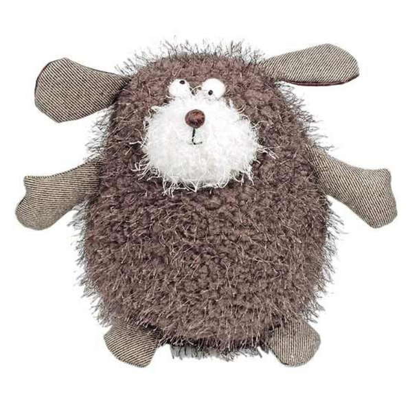 Scruff the dog is a large brown soft toy with wonky eyes, tweed arms and a white nose with a fluffy, scruffy body. A lovely gift for a newborn or child.