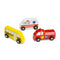  The nine-piece set includes a recycling truck, mail truck, school bus, tow truck, fire engine, ice cream truck, city bus, ambulance, and delivery truck, each approximately four inches long. 