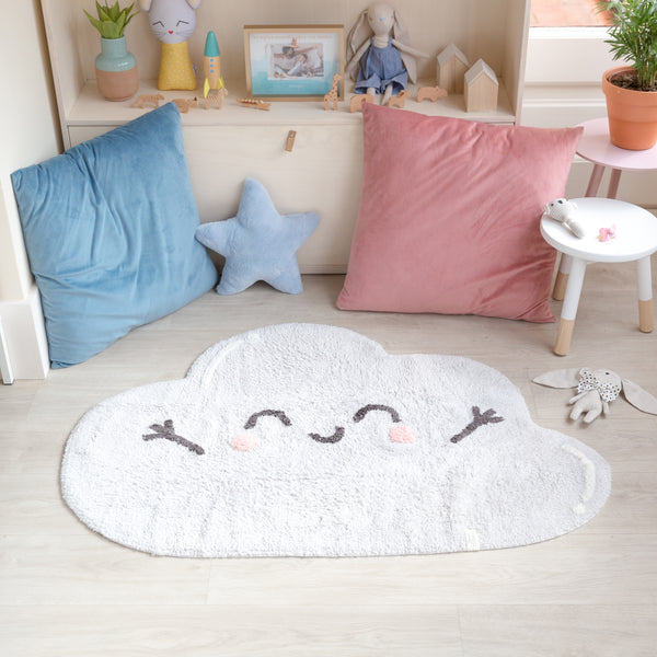 Kids room grey cloud rug with a happy face. Machine washable and made from 100% cotton.