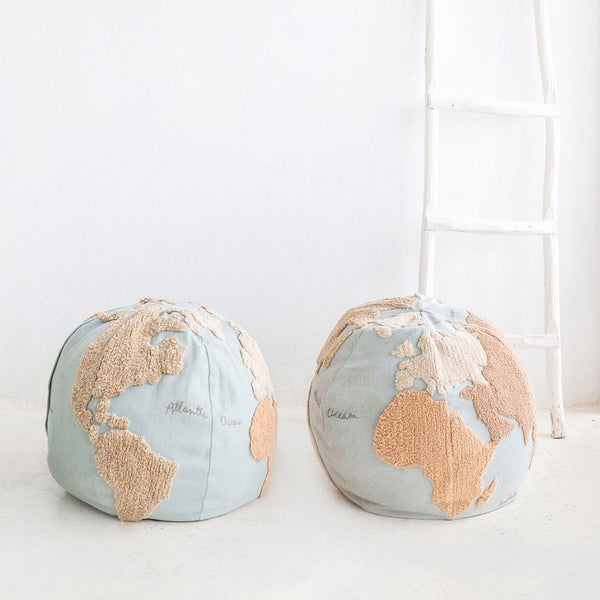 A soft earth globe for kids to explore the world while also serving as improvised seating at play time.  100% cotton and machine washable. Designed using light, muted colours. The pouffe itself is light blue with different shade of beige in the map.