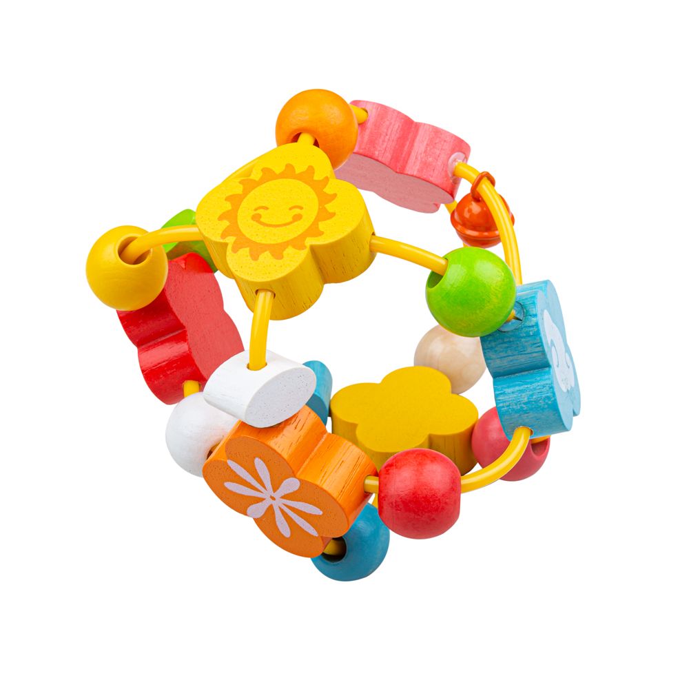 This activity ball is incredibly colourful with a yellow wire frame holding beads of multiple different shapes and colours! It is easy for little hands to grasp.