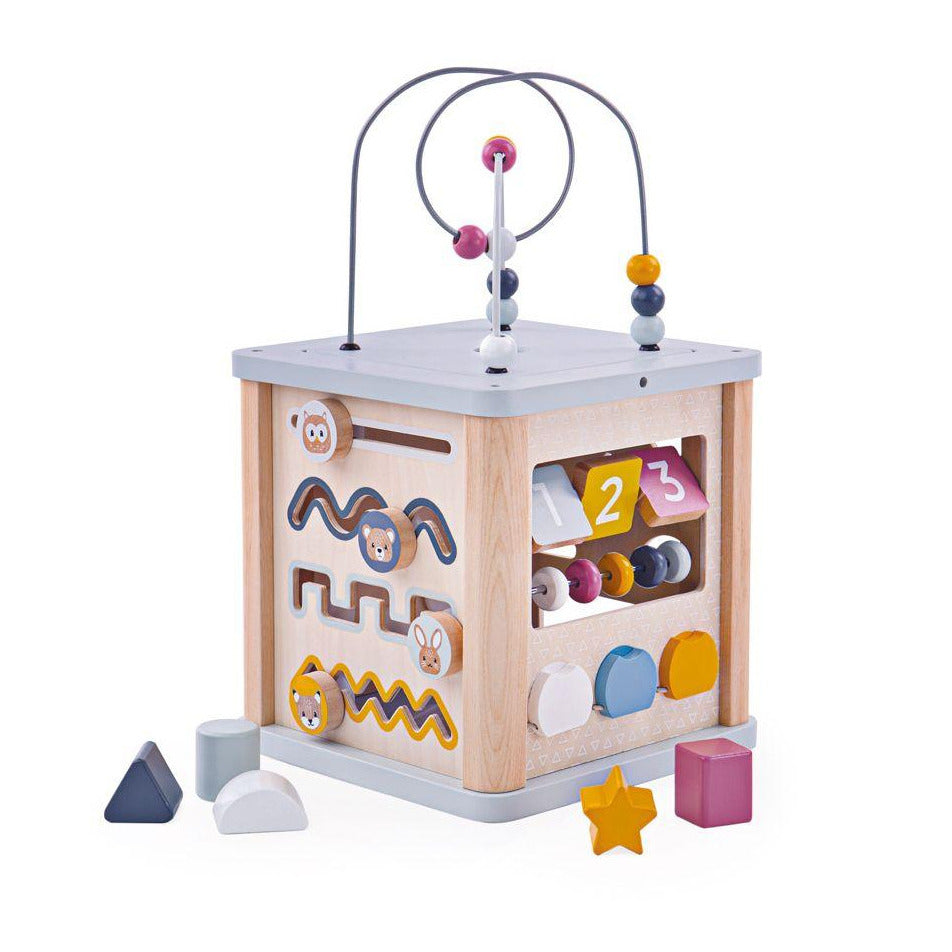 Your little ones will be entertained for hours with this 100% FSC® Wooden Activity Cube from Bigjigs! Each of the four sides are packed full of different activities to help youngsters learn through educational play. Activities on the four sides include: a shape sorter, wooden cogs & a mirror, bead coaster, abacus beads & numbers, and follow the pattern. The wooden activity cube is perfect for developing toddlers’ social, communication and numeracy skills as they twist, spin, and count. 