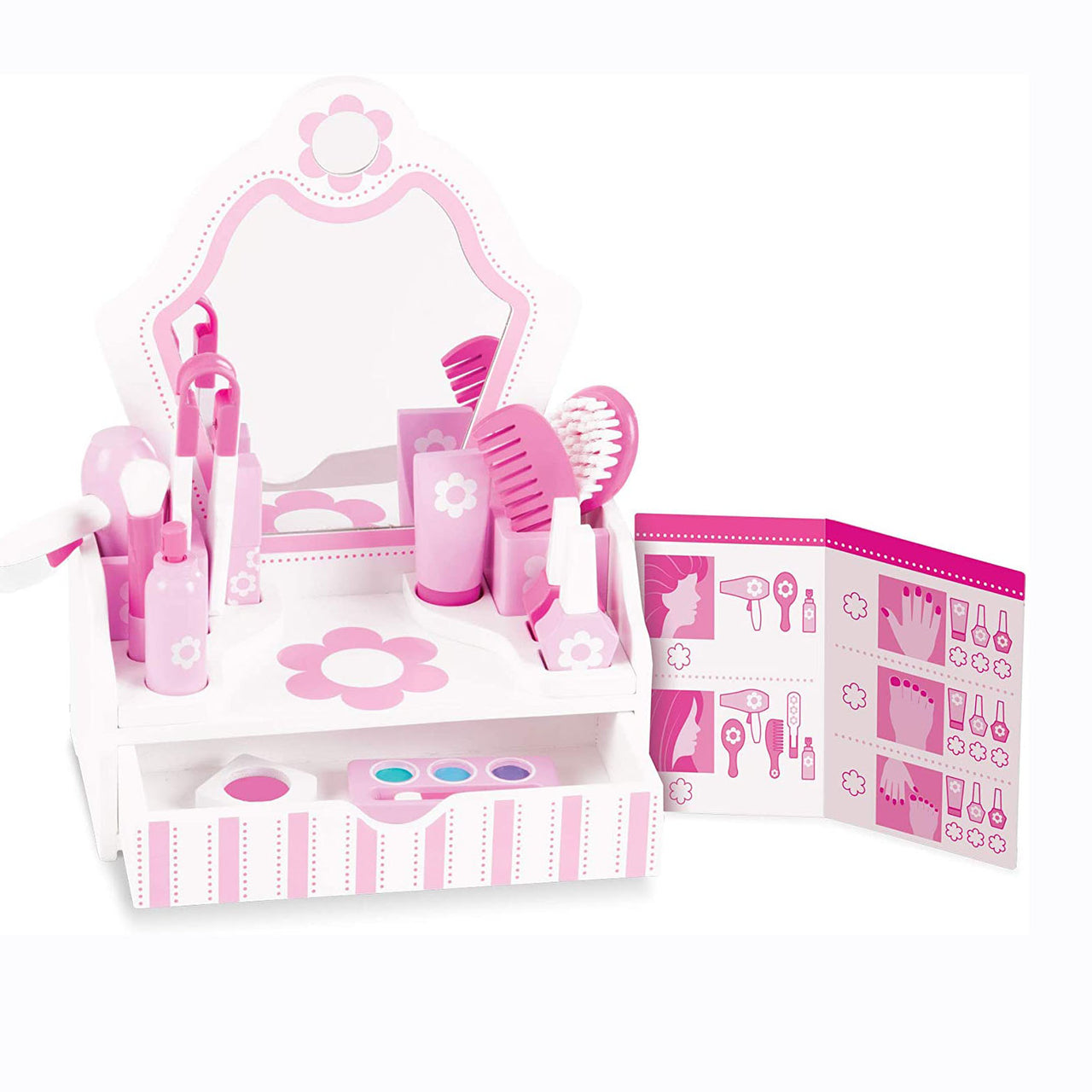 Add glamour and style to playtime with these wooden beauty essentials for make-believe makeovers! The 18-piece set includes a sturdy white and pink vanity with mirror and storage drawer. The wooden pieces include a hair dryer, hair spray, hair straightener, flip-top lotion bottle, lipstick, two nail polish bottles, blush, makeup brush, eye shadow and applicator, comb, and brush. 