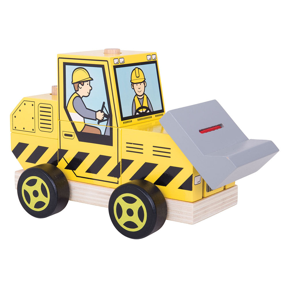 Two toys in one! Develop problem solving skills with this stacking and push along wooden toy from Bigjigs. Stack all of the pieces up in the correct order to move the vehicle and begin the fun! Includes moveable front bulldozer. Made from high quality, responsibly sourced materials.