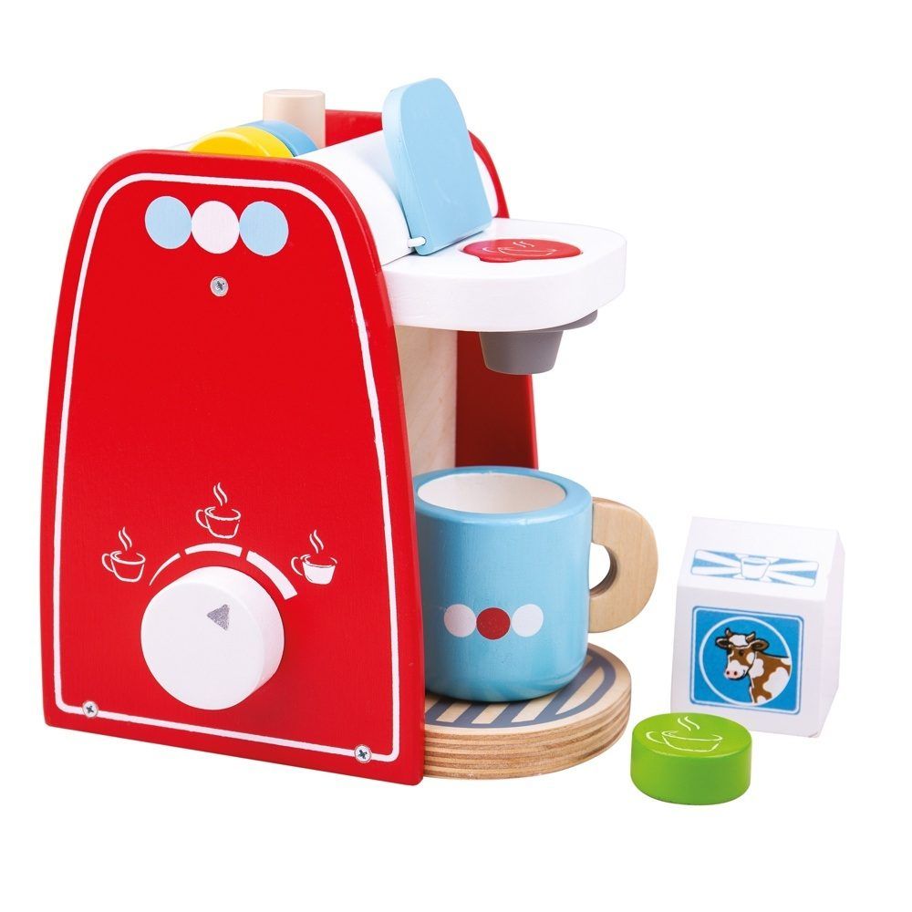 This colorful little Coffee Maker from Bigjigs is the perfect addition to any play kitchen. Place the coffee pod in the machine and twist the dial to brew the perfect cup of coffee. This realistic playset includes 4 wooden coffee pods, a coffee machine, mug and carton of milk. Perfect for interactive play sessions. Encourages creative and imaginative role play. Made from high quality, responsibly sourced materials.
