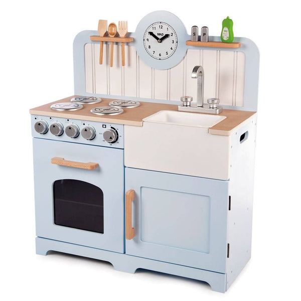 Help your inspiring young chefs cook up a storm with the delightful wooden Country Play Kitchen from Tidlo. This lifelike playset features an oven and hob with clicking dials, a storage cupboard, a Belfast sink, utensil shelves and a clock with moveable hands, to ensure dinner is served on time! Plus, three kitchen utensils which can be slotted tidily in the shelf above the hob, a plastic bowl in the sink, salt & pepper and washing up liquid, making the kitchen feel more like home for any aspiring chef.