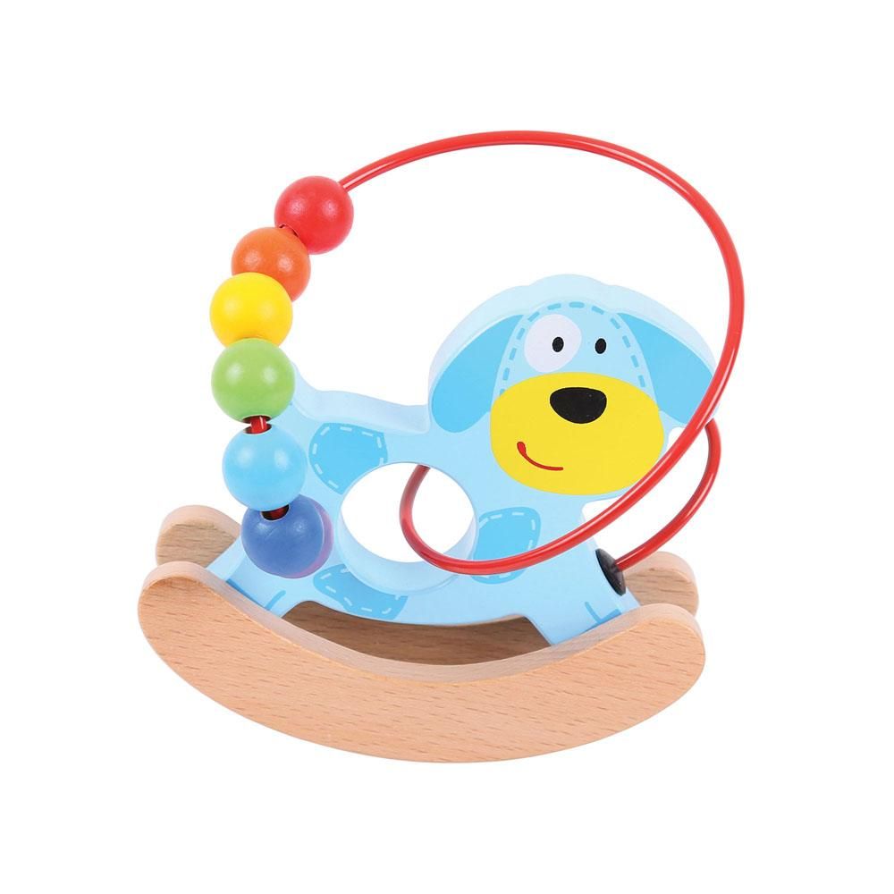 This blue wooden dog has two wooden arches at the base and is easily rocked by small children and babies. The red wire bead frame goes around and through the middle of the dog with enough space for the rainbow coloured beads to be pushed through. Made from high quality, responsibly sourced materials.