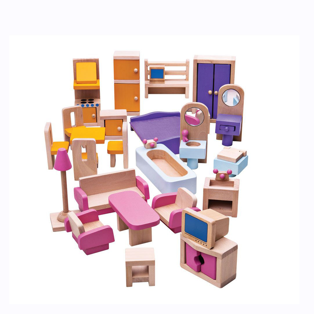 This colourful wooden furniture set from Bigjigs is perfect to create your dream play home! With enough individual pieces to fully furnish a kitchen, lounge, bedroom, bathroom and even an attic.