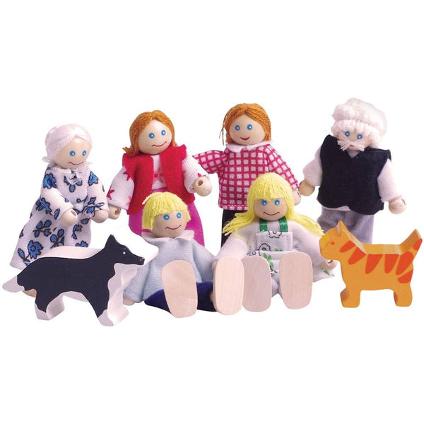Make your Dolls House a loving home with this three generations family set from Bigjigs! The set includes grandparents, mum, dad, their two children and their pets - a cat and a dog.