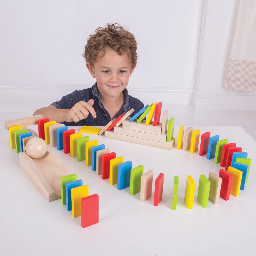 This vibrant domino run contains rectangular wooden pieces in yellow, blue, red, green and raw wood. The dominos are designed to be lined up close together and then knock each other over in sequence when the first in line is pushed. Set includes a ramp, ball, comb, direction changers and stairs. Your rascals can get creative with items such as books and boxes in your home to create their own interesting and experimental sequence. Encourages patience, problem solving, colour recognition and imaginative play.