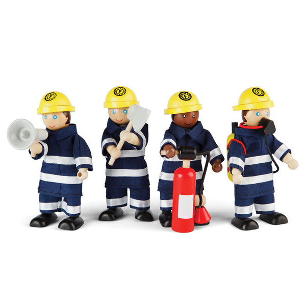 These delightfully detailed wooden Firefighters from Bigjigs Toys is perfect for your inspiring little firefighter! Set of four firefighters ready to race to the rescue, put out fires, rescue cats out of trees and whatever else the imagination allows! The firefighters are dressed suitably ready for a day of fire fighting with accessories, including an axe, megaphone, fire extinguisher and breathing equipment. 