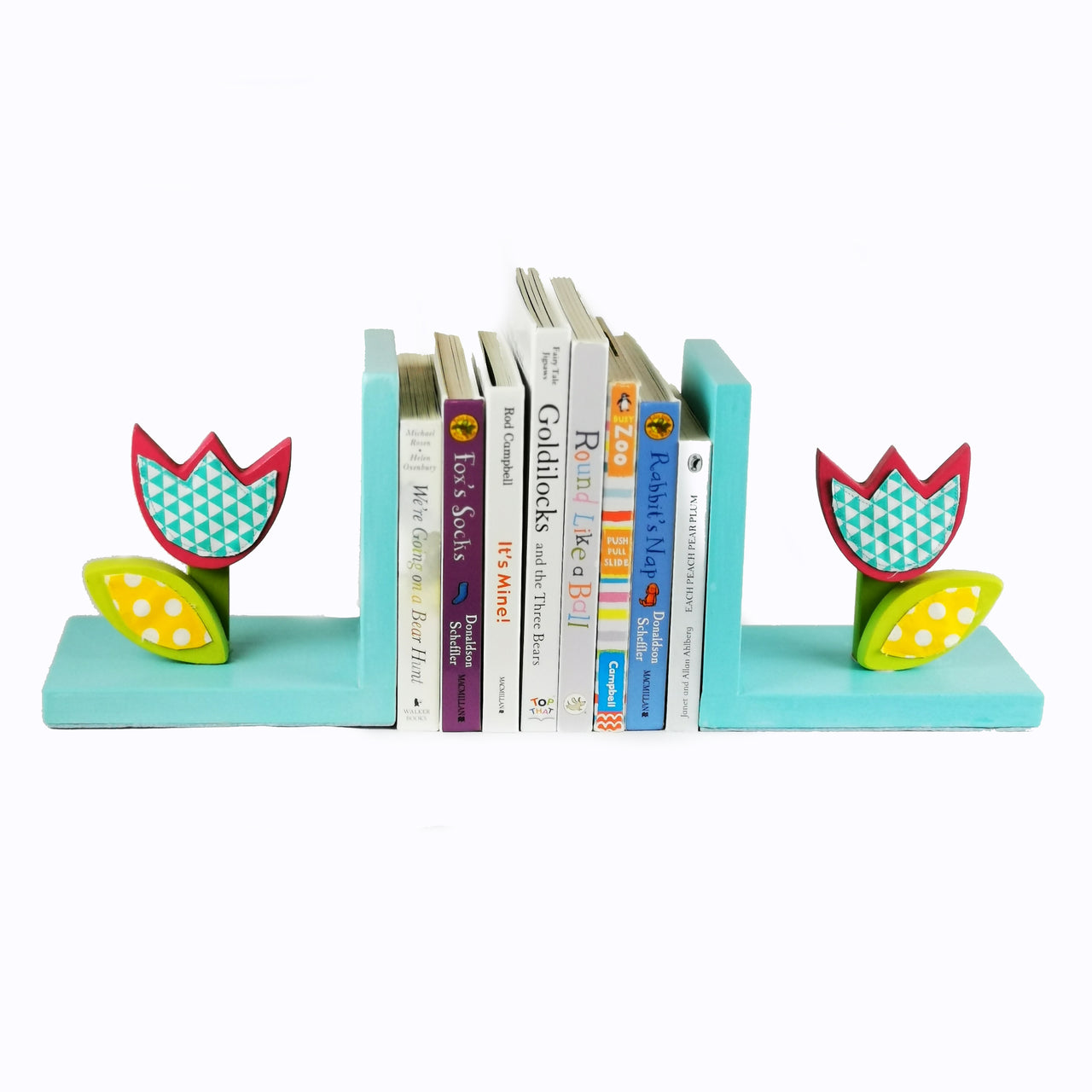 Designed and hand-crafted in Italy, these bookends with a light blue wooden base and a flower design will bring colour and imagination to your child's bedroom.