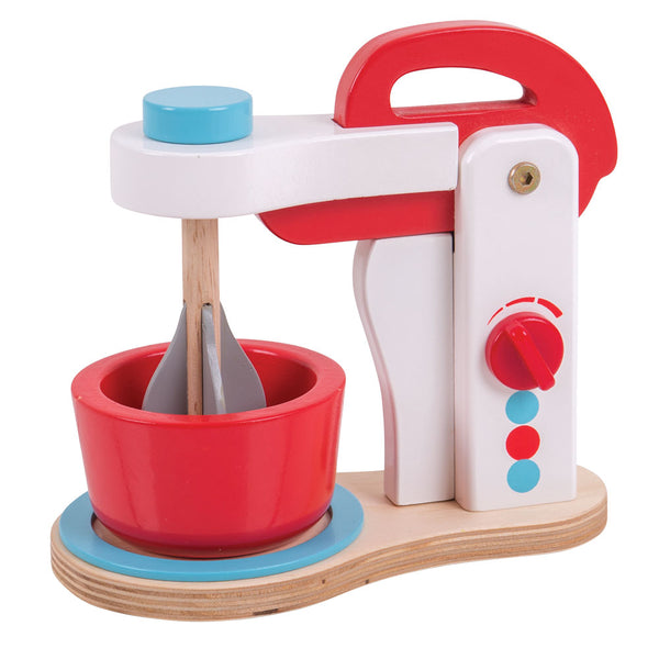 Create some delicious treats with this realistic Food Mixer from Bigjigs! There is an on/off dial, a liftable mixer that actually rotates and a bowl awaiting ingredients! Plus, the on/off dial makes a realistic clicking noise. With its quality wooden construction this set is the perfect addition to any play kitchen. A great way to develop creativity, imagination and fine motor skills. Made from high quality, responsibly sourced materials.