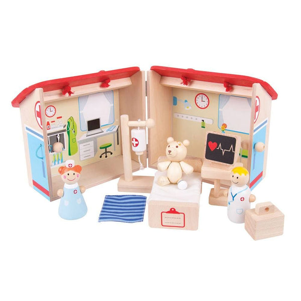 Your Inspiring little doctors can get to work with this brightly coloured wooden Mini Hospital Playset from Bigjigs! It is decorated inside and outside with features and is supplied complete with a hospital bed, medical drip, heart monitor, bear, nurse and doctor. The string handle and secure clasp ensure that this Playset is always ready to travel with your little one and all of the play pieces can be stored safely inside. Made from high quality, responsibly sourced materials.
