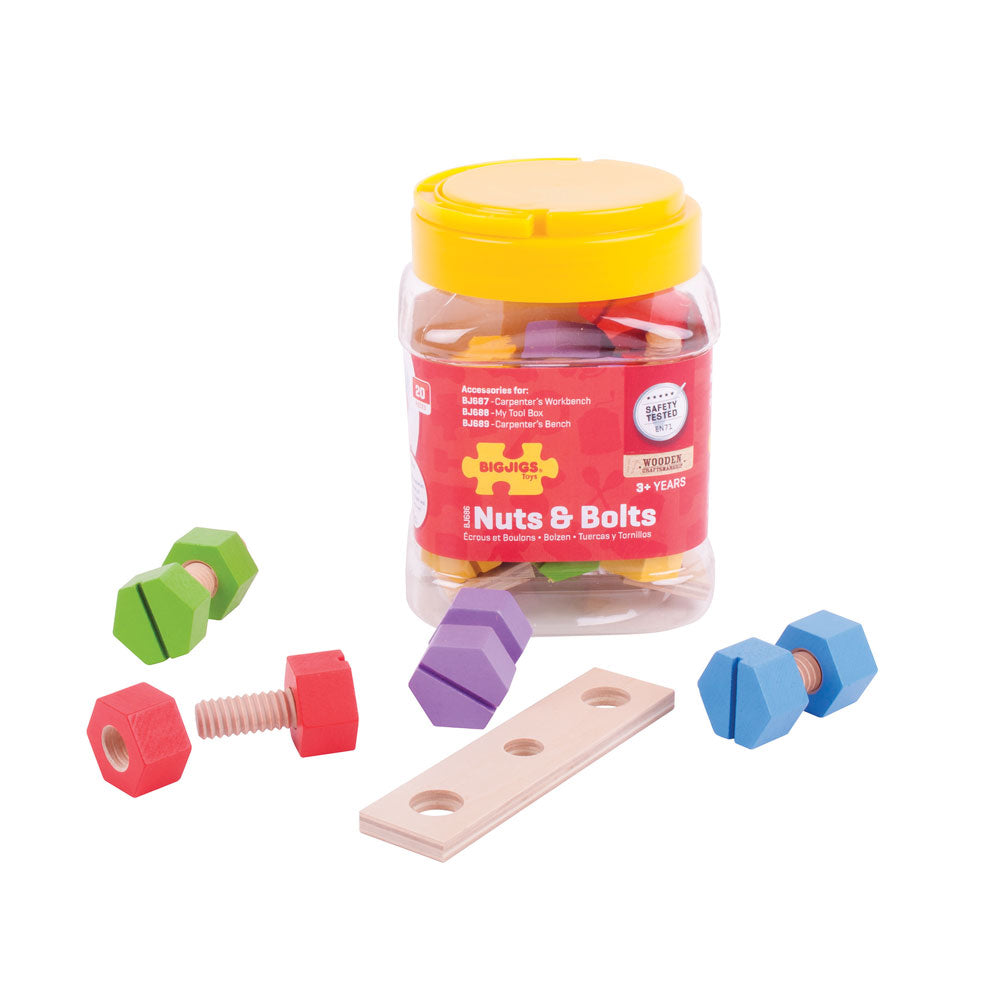 These brightly coloured chunky wooden Nuts and Bolts from Bigjigs are perfectly sized for little hands. Supplied in a transparent screw top plastic container with a carry handle - making it perfect for young engineers who are on the move! 