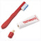 Wooden toothbrush and toothpaste painted with red and blue detailing. The lid of the toothpaste can be twisted off of the tube.