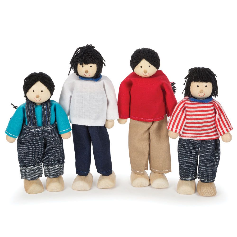 Asian Family dolls. Set includes Mum, Dad and their two children (a Son and Daughter), who are all eager to move into a new home. A great addition to any wooden dollhouse or playset! A great way to encourage imaginative storytelling and creative play. Develops hand/eye coordination, fine motor skills and dexterity.
