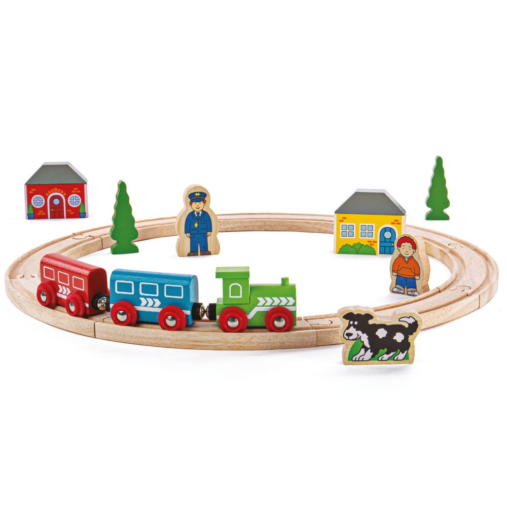 My First Train Set is a creative and educational way to play! The chunky toy train pieces are perfect for being grabbed by little hands, making this the ideal wooden train set for toddlers.