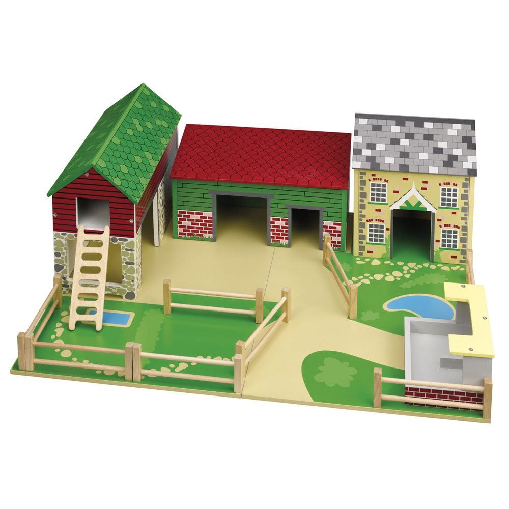 Your little farmer will be busy at work with this Oldfield Farm from Bigjigs! It has everything a young farmer needs to run a successful farm, including a barn with loft and ladder, an animal shed, farmhouse, pigsty, fences and wooden play base. 