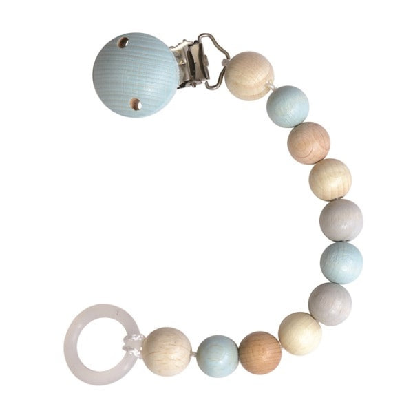 This pacifier holder is made of wooden beads. Some beads have a raw wood finish and some are painted blue or light neutral colours such as grey or beige. The technique of painting ensures absolute safety for your baby. A stunning yet practical product.