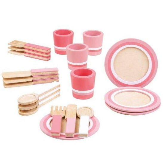 Your little chefs can cook up a storm of meals and treats with this brightly coloured wooden Pink Dinner Service Set from Bigjigs. The set comes supplied with 4 wooden plates, cups, knives, forks and spoons - making it a great addition to any wooden play kitchen. 