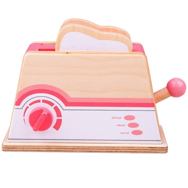 The Bigjigs Toys Pink Toaster is a great addition to any wooden play kitchen. Place the wooden bread slices in the slotted toaster, and then adjust the dial to the preferred setting. Then pop it up once it is ready!  It is a great way to introduce even more fun in the kitchen, with role playing and imaginative play sessions. Made from high quality, responsibly sourced materials.