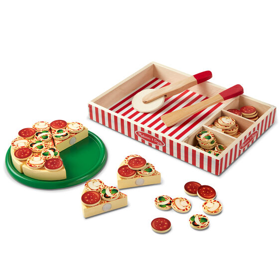 Your young chefs will be thrilled when they see this yummy wooden pizza set from Mellissa and Doug! They'll be busy topping, cutting, and serving up six custom slices for their happy customers. The little chefs can get creative with a choice of 54 toppings!