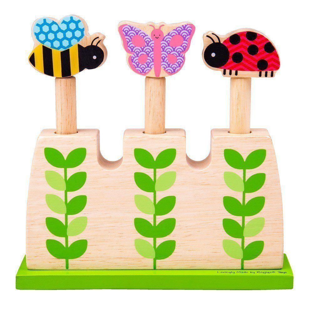 This is a pop-up game that will keep your rascals entertained for hours! It includes three wooden bugs (a ladybird, bumble-bee and butterfly) which are attached to the top of three short wooden poles. The poles can be placed into a wooden block that is decorated with illustrations of green leaves and has a green base at the bottom to mimick grass. When the bugs are placed into the three holes in the wooden block, it is a thrilling game waiting for them to pop-up!