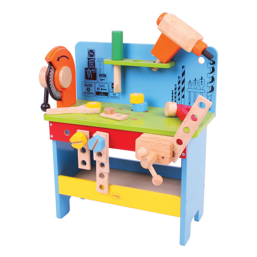 This sturdy, brightly coloured wooden Powertools Workbench from Bigjigs is packed with features, including a clamp, spanner, power screwdriver, hammer, a vice and plenty of nuts and bolts. Helps to develop dexterity and co-ordination.