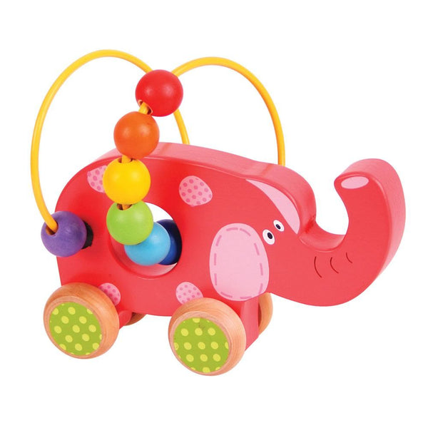 This red wooden elephant has four wheels at the base and is easily pushed along the floor by small children and babies. The yellow wire bead frame goes around and through the middle of the elephant with enough space for the rainbow coloured beads to be pushed through. Made from high quality, responsibly sourced materials.