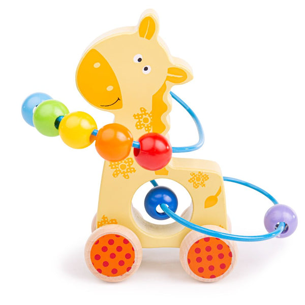 This yellow wooden giraffe has four wheels at the base and is easily pushed along the floor by small children and babies. The blue wire bead frame goes around and through the middle of the giraffe with enough space for the rainbow coloured beads to be pushed through. Made from high quality, responsibly sourced materials.