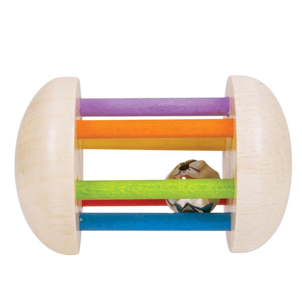This wooden rattle consists of two half spheres with wooden, rainbow coloured poles connecting them. The cylindrical shape allows it to be rolled by babies. There is a small, round silver coloured rattle in  the middle of the rainbow poles.