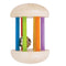 This wooden rattle consists of two half spheres with wooden, rainbow coloured poles connecting them. The cylindrical shape allows it to be rolled by babies. There is a small, round silver coloured rattle in the middle of the rainbow poles.
