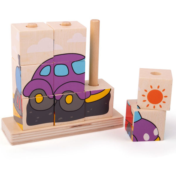 Your little ones can build and stack to complete the puzzle with these chunky wooden Stacking Blocks from Bijigs. As they build and stack the blocks, they learn all about their favourite and different types of transport. Spin the blocks around to reveal the brightly-coloured train, car, tractor and plane. The chunky smooth wood is gentle on little hands and makes it easy for them to lift and grasp the pieces.