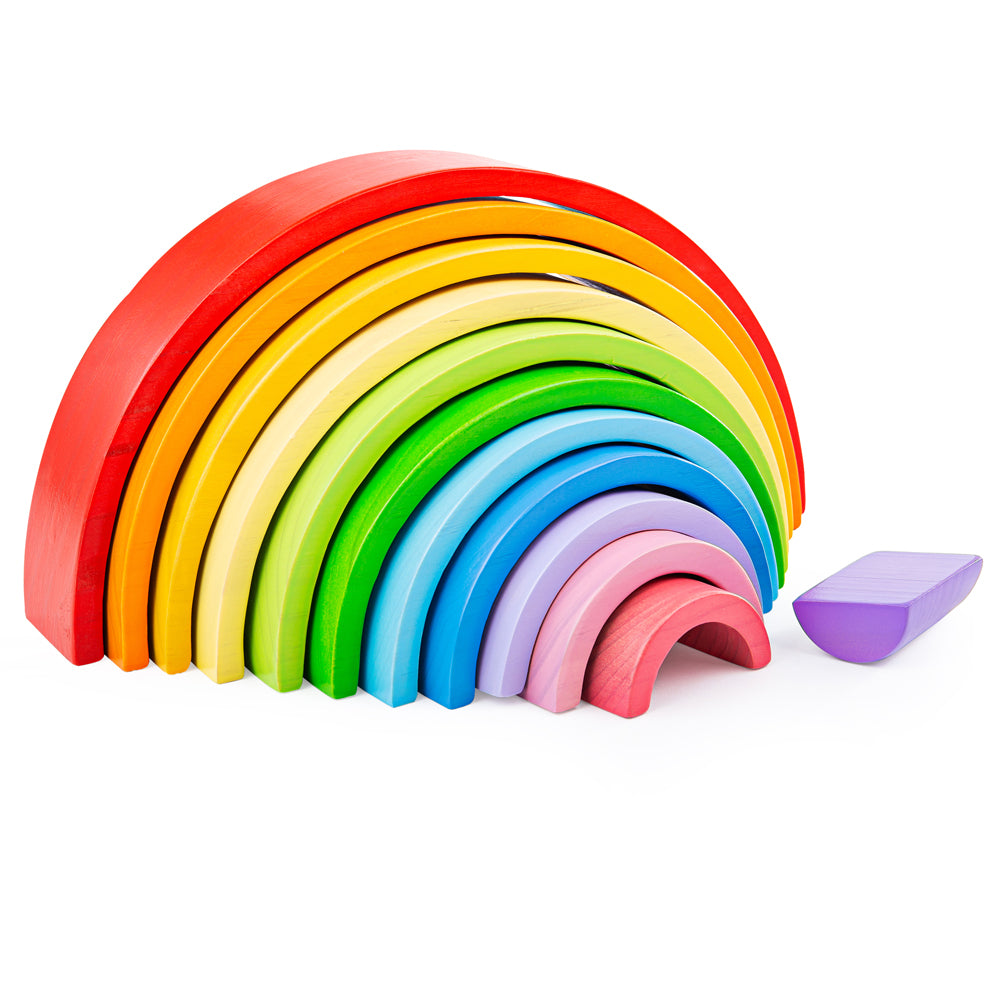 With these large wooden rainbow stacking blocks, little hands can assemble a variety of shapes and objects and learn all about different sizes and colours. Made from solid wood and coloured with non-toxic paints.