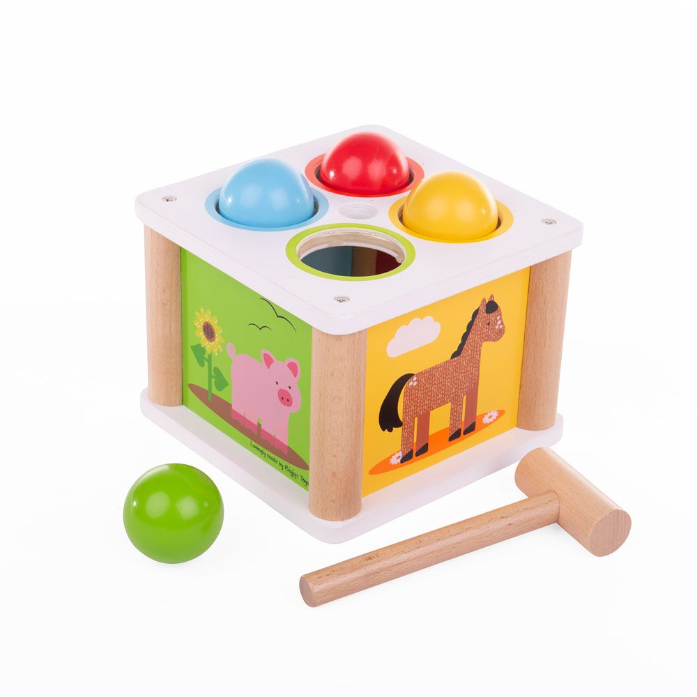 This game is to help rascals improve their dexterity and colour recognition. It is a wooden box with four holes in the top coloured red, blue, yellow and green. There are four balls which correspond with the colours of the four holes. The aim of the game is for your rascal to match the balls to their coloured holes and use the small wooden hammer included to tap the balls into the box. The sides of the box have adorable and colourful illustrations for your rascals to enjoy.