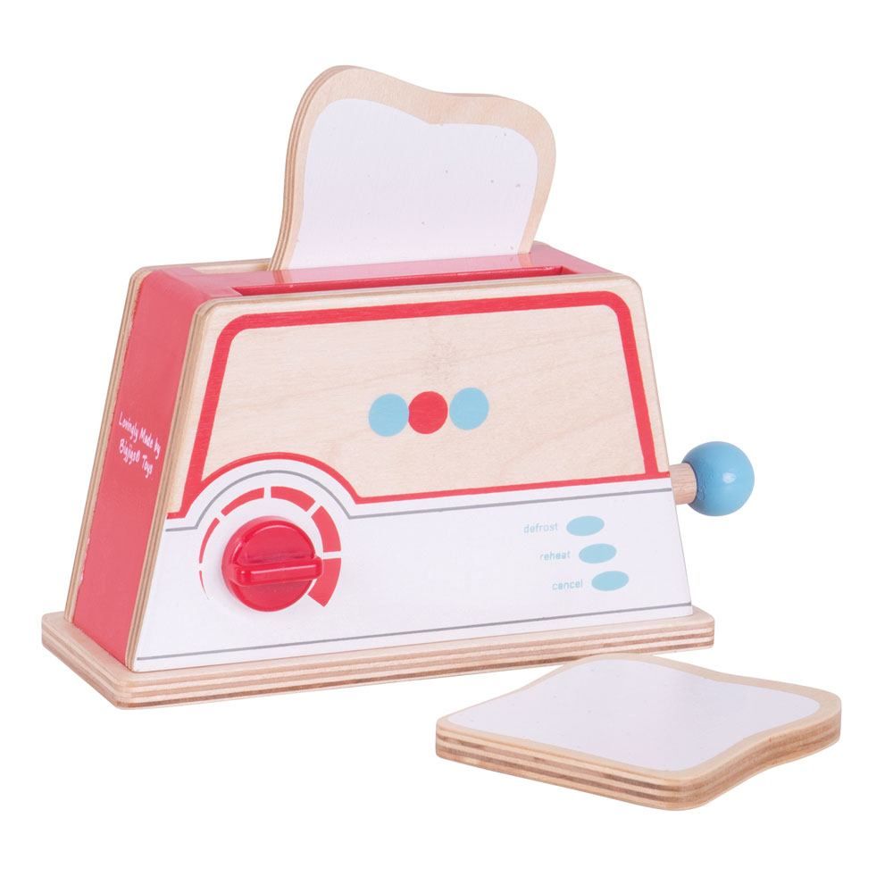 The Bigjigs Toys Toaster is a great addition to any wooden play kitchen. Place the wooden bread slices in the slotted toaster, and then adjust the dial to the preferred setting. Then pop it up once it is ready!  It is a great way to introduce even more fun in the kitchen, with role playing and imaginative play sessions. Made from high quality, responsibly sourced materials.