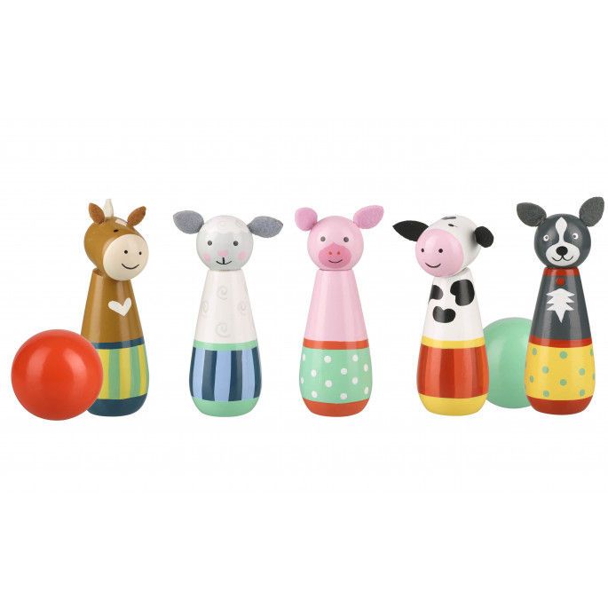 These cute and colourful wooden toy skittles from Orange Tree Toys are the perfect size for indoor play. They contain 5 cute and colourful favourite farm animals; a pony, a sheep, a pig, cow and sheep-dog! The set also contains two balls.